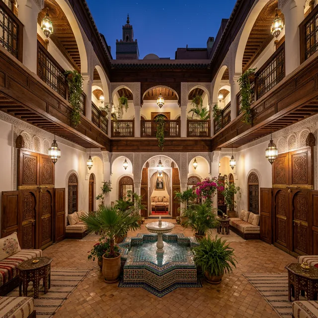 Intérieur chaleureux d'un Riad authentique avec patio en Médina de Marrakech